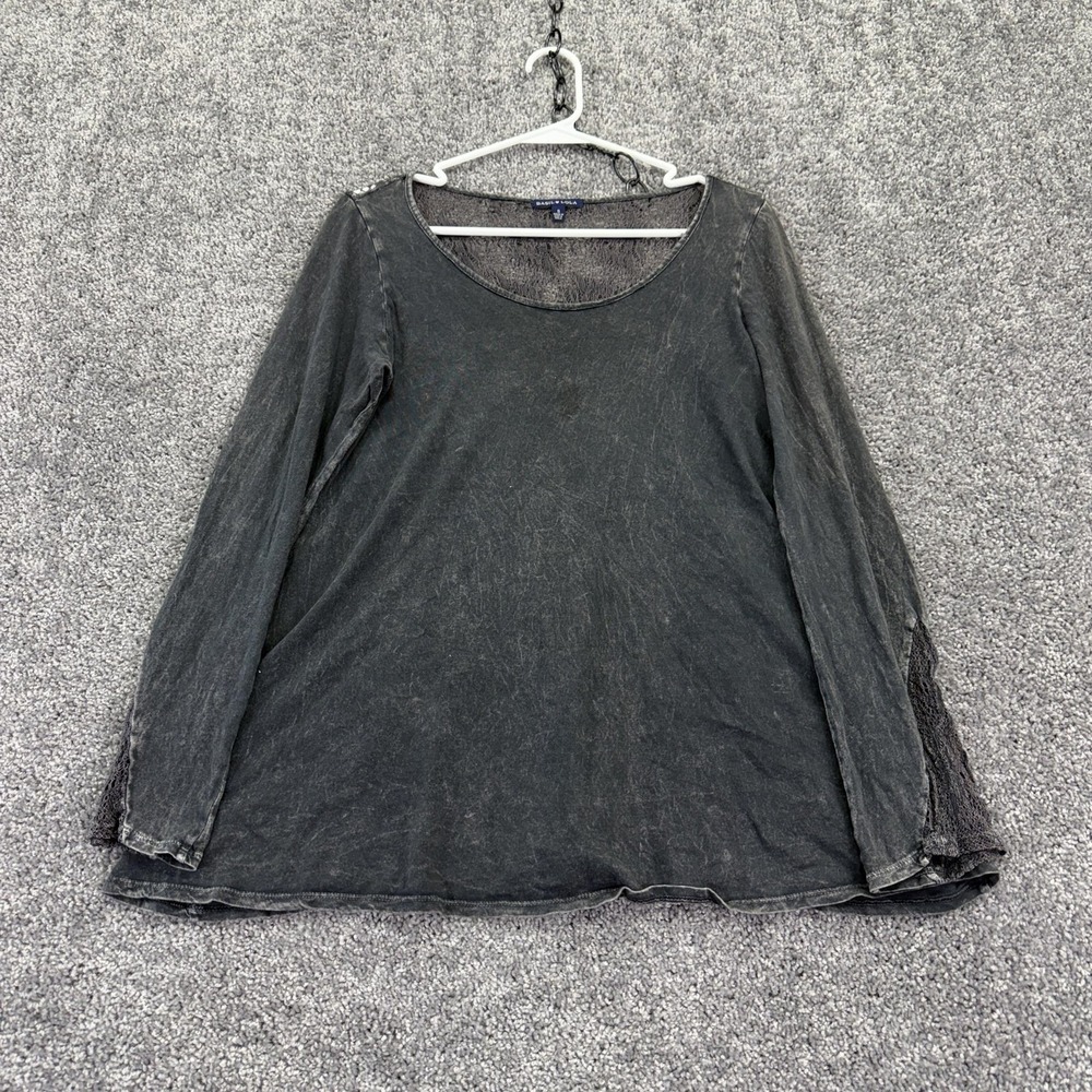 Basil Lola Shirt Womens S Gray Crochet Back Long Sleeve Tunic Top Sheer Boho
